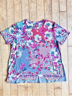 Johnny Was Bamboo Floral Patchwork Boho Short Sleeve Crewneck Top Size Large